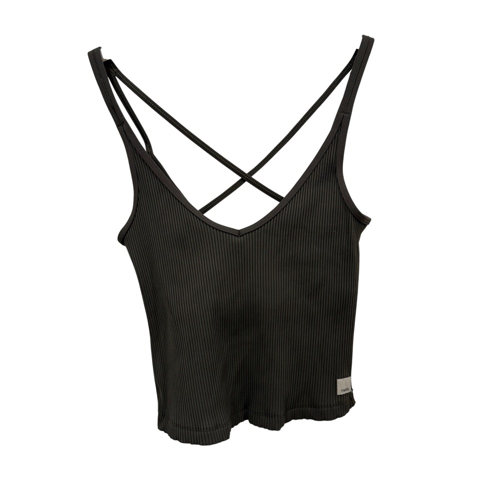 Vuori Ribbed Double Strap Cross Back Crop Tank Top Darkโ Olive Green XS VW189